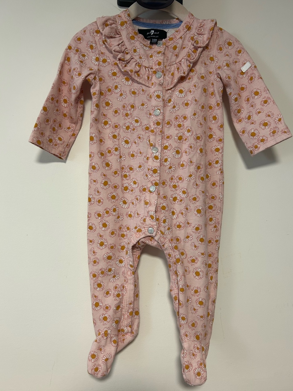 7 For All Mankind Pink Daisy-Print Footed One-Piece with Ruffle Collar